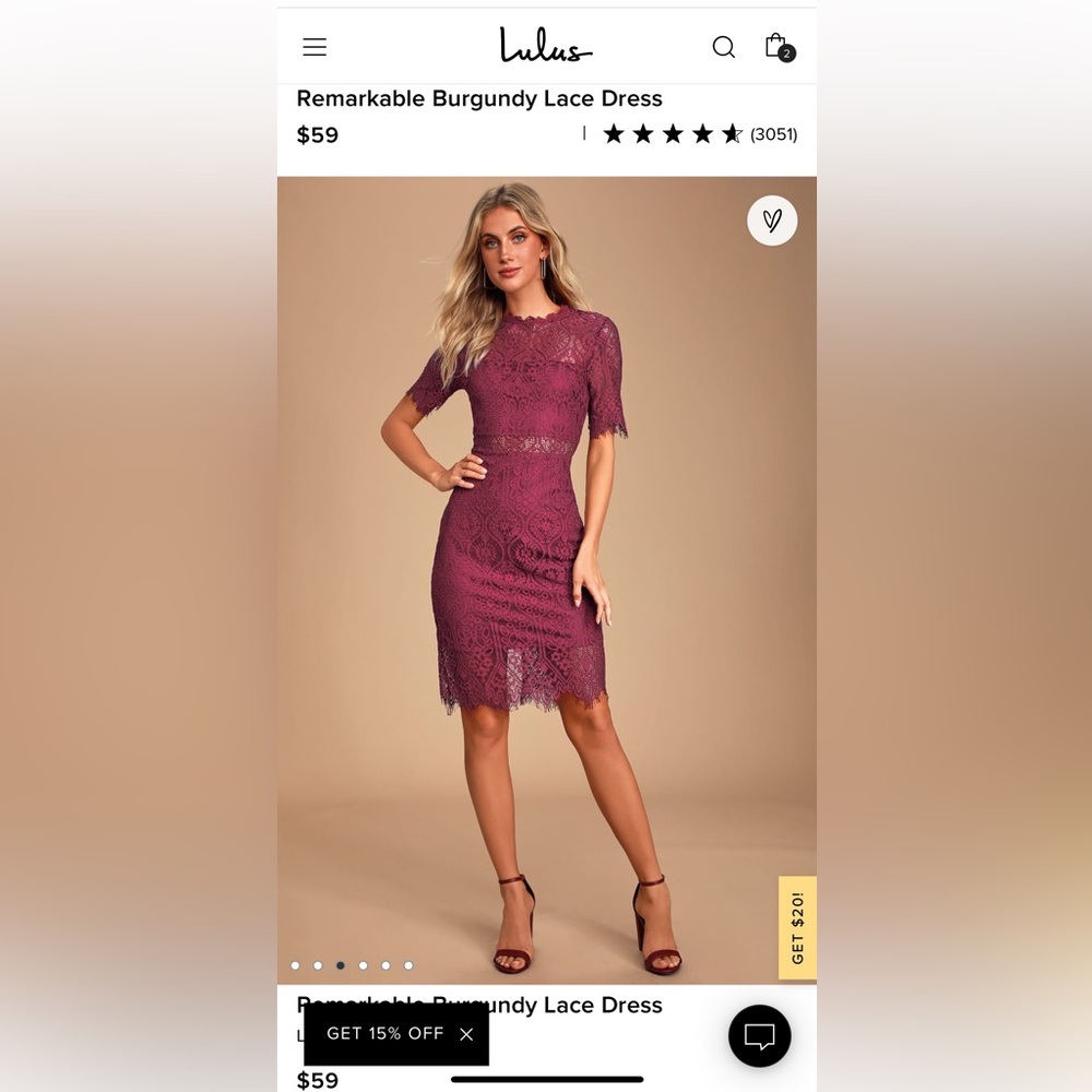 NWOT LuLu’s Remarkable Burgundy Lace Dress Sz Small